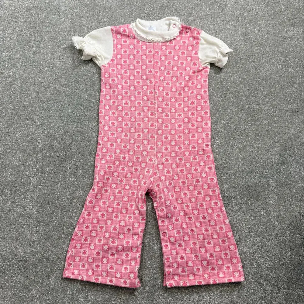 Vintage 70s Carters Jumpsuit Pink Patterned White Collar Toddler Girl Sz‎ 24 Mos